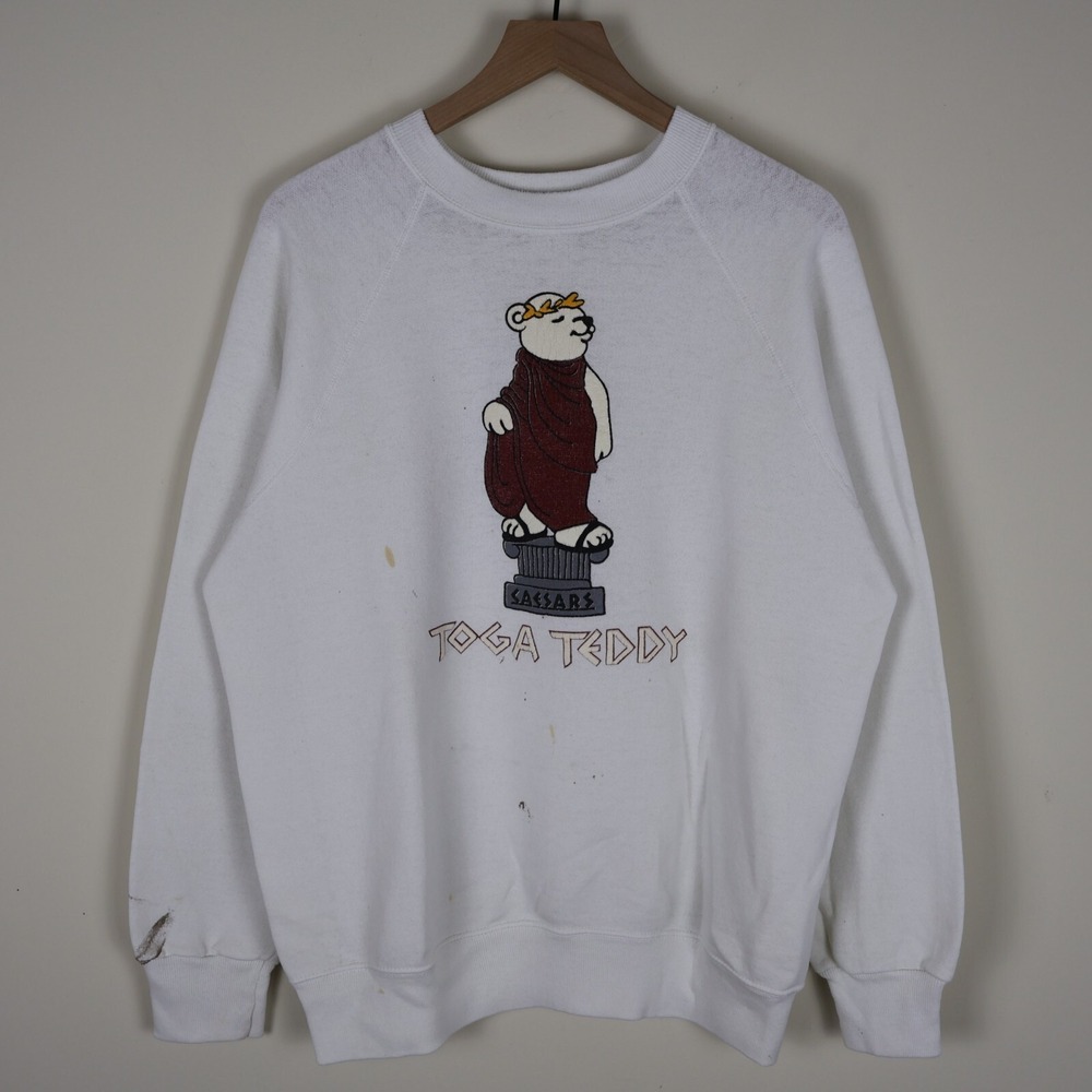 Vintage Caesars Toga Teddy Puff Print Sweatshirt Distressed‎ White XL 23.5x27
